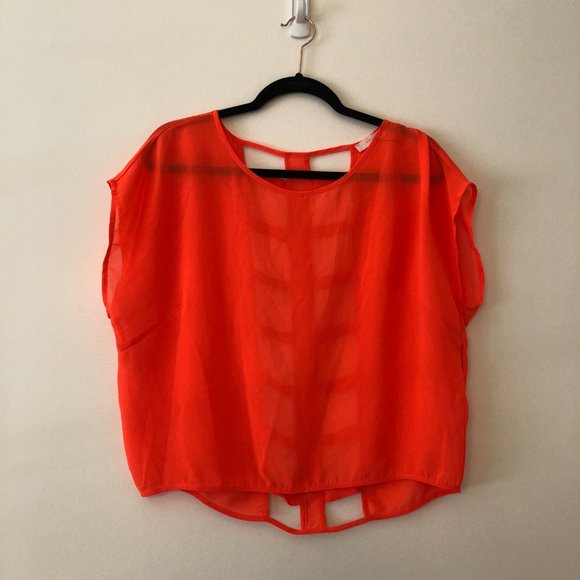 Lush Sheer Neon Orange Short Sleeve Blouse | Size Small - Picture 4 of 8